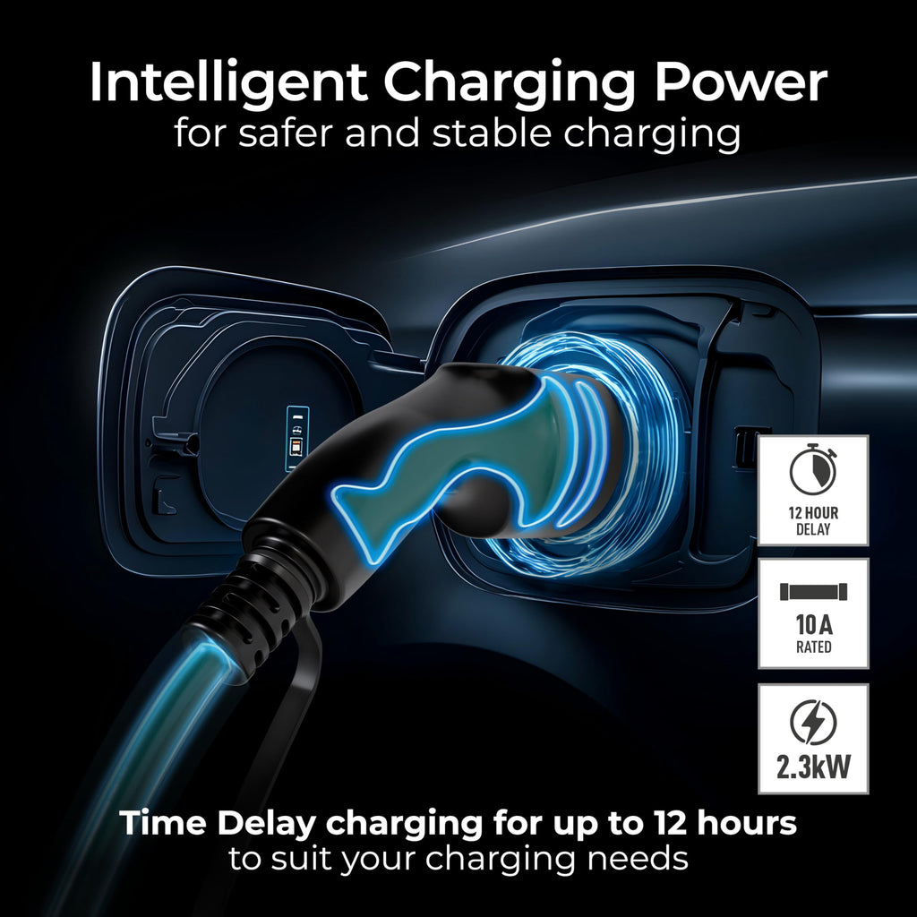 Masterplug EV Charging Cable for Electric and Hybrid Vehicles, 10 Metres, Mode 2, Delay Charging Function, 3 Pin UK Plug to Type 2 Car Charger, Language Options, 2.4kW, EVCM221010-MP2