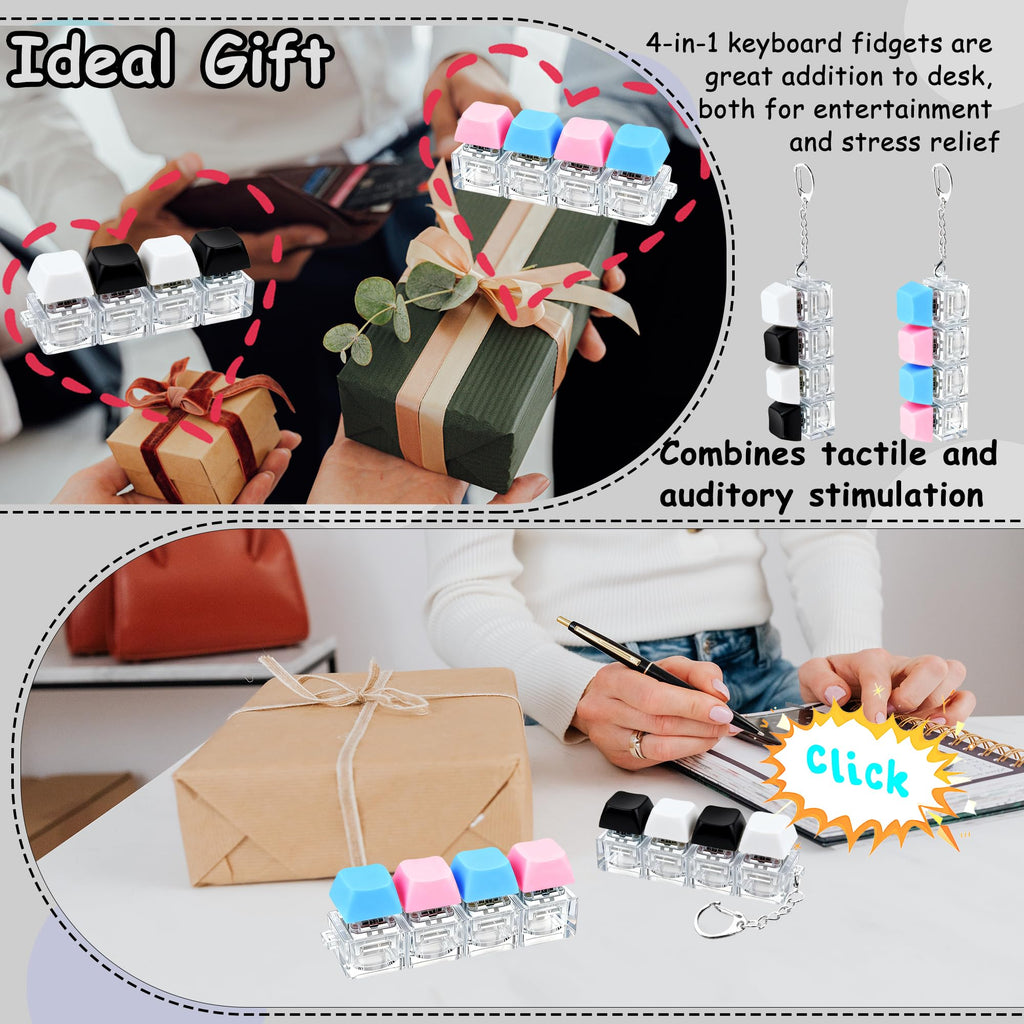 2 PCS Keyboard Fidget Toy, Keyboard Fidget Keychain 4-in-1 Keyboard Decompression Button Finger Clicker Toys (Pink Yellow White Green, General)