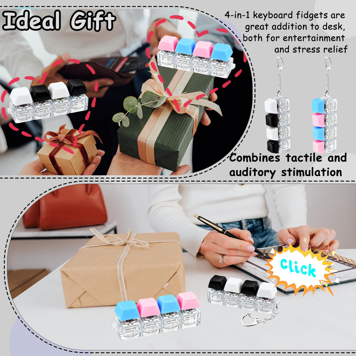 2 PCS Keyboard Fidget Toy, Keyboard Fidget Keychain 4-in-1 Keyboard Decompression Button Finger Clicker Toys (Pink Yellow White Green, General)