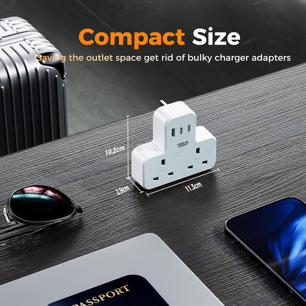 TESSAN USB Charger Plug Adapter UK (2 USB C), Double Plug Extension Socket