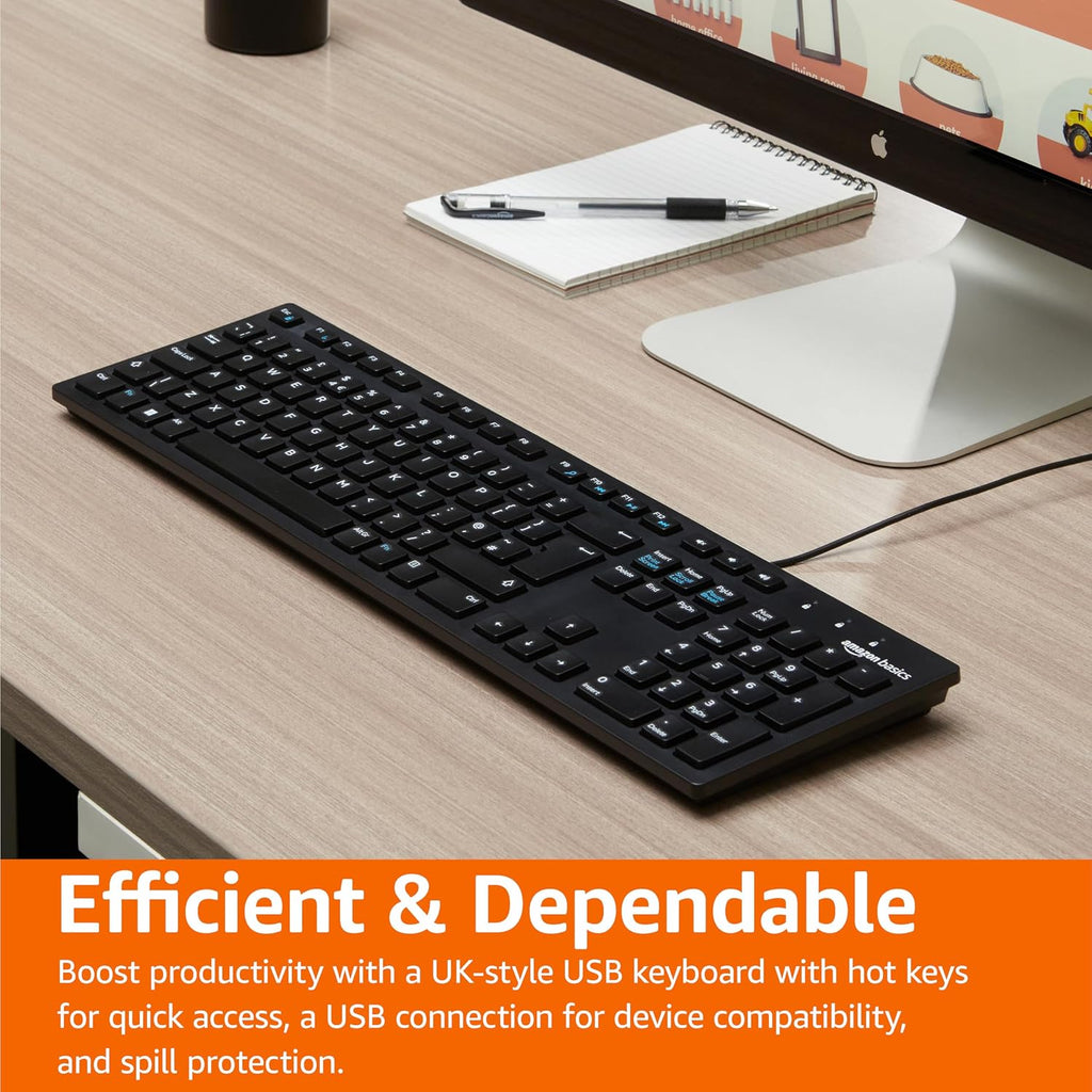 Amazon Basics Full size Wired Keyboard Compatible with Laptop PC Tablet, USB Plug-and-Play, QWERTY UK Layout, Matt Black