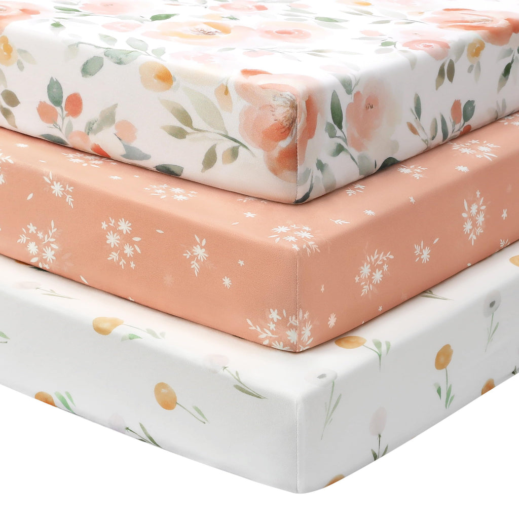 Next to Me Crib Sheets 85x51cm Fitted, 3 Pack Baby Cot Sheets, Ultral Soft & Silky Smooth Microfiber Bedside Crib Fitted Sheets Pink Rainbow