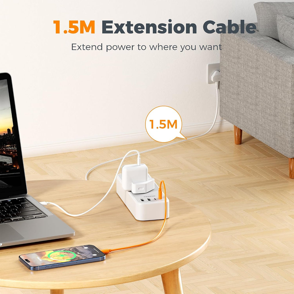 TESSAN 1.5M Extension Lead with PD 20W USB C Charger (4 USB Slots)