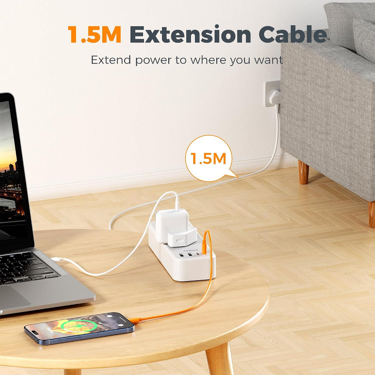 TESSAN 1.5M Extension Lead with PD 20W USB C Charger (4 USB Slots)