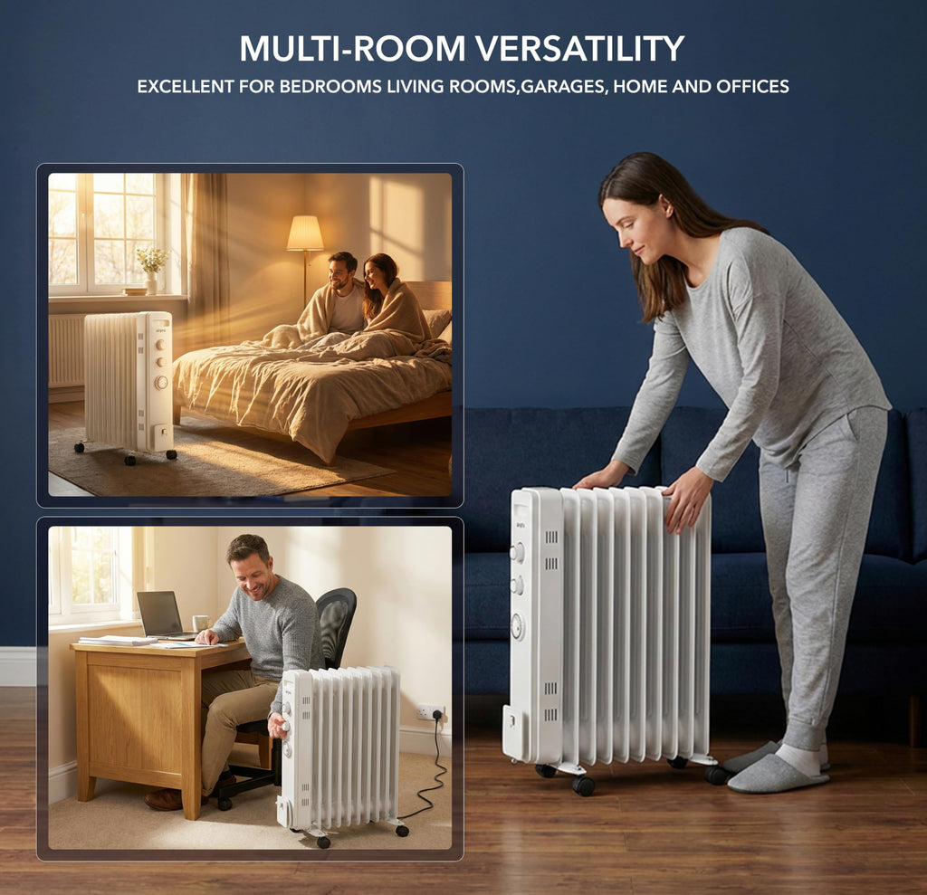 Air Pro Oil Filled Radiator 2500W with Thermostat & 24h Timer – 11 Fin Portable Electric Heater 3 Heat Settings, Overheat & Tip-Over Protection, Quiet for Home, Office and Any Room Radiator on Wheels