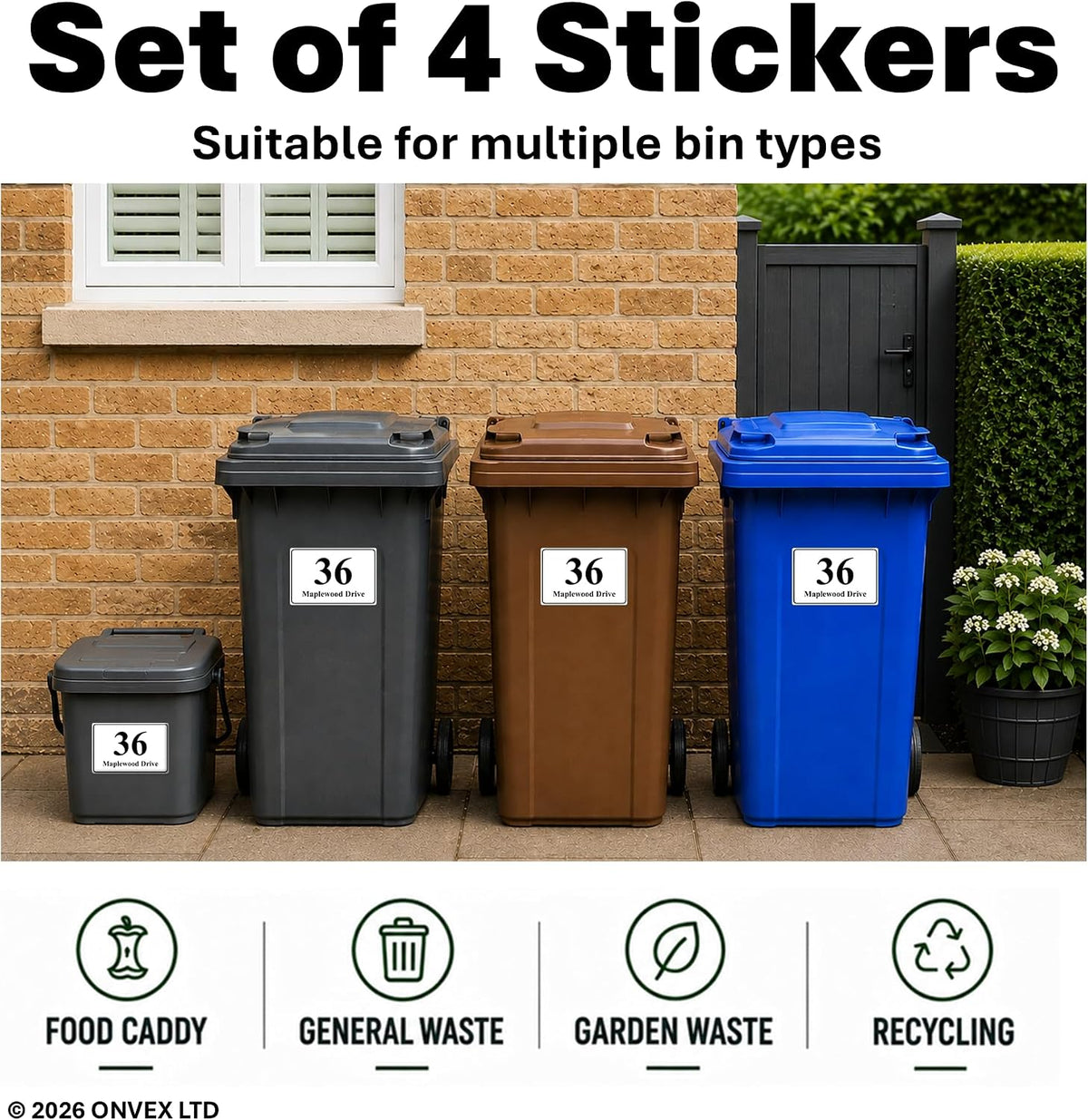 Set of 4 Personalised Wheelie Bin Stickers, Custom Bin Number Stickers with House Number and Street Name, Waterproof Labels for Rubbish and Recycling Bins, Easy Apply, 100 x 150mm (Style - Classic)
