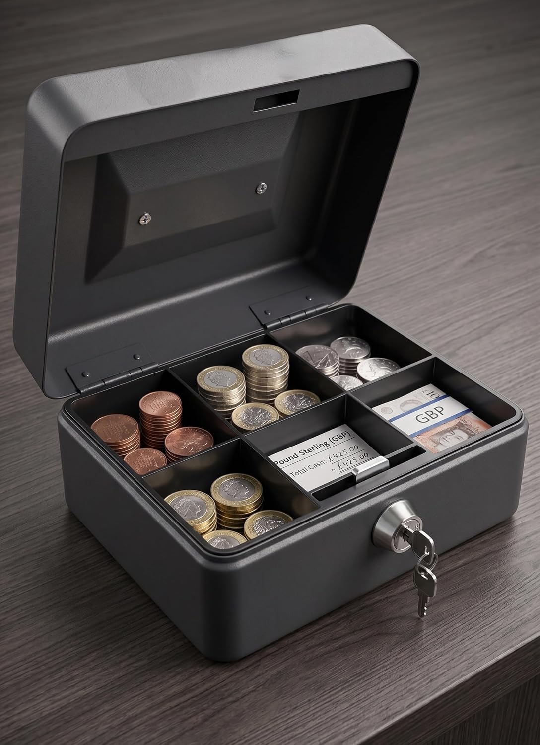 Requisite Needs Metal Money Box Tin 6" Steel Cash Safe Box Petty Cash Deposit Tin with Lock 2 Keys for Security (BLACK)