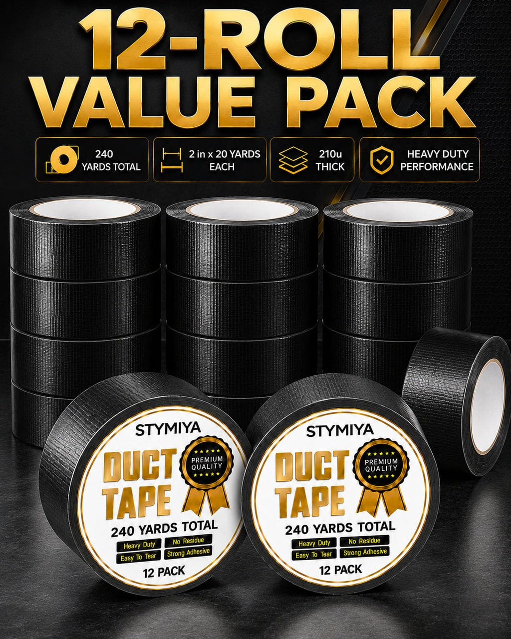 Black Duct Tape Heavy Duty: 3 Rolls 2inch x 20yd Wide Waterproof Outdoor - Strong Adhesive Weather Tapes Repair Bulk - Ductape for Patterns Masking Packing Furniture Kids Craft (3, Matte Black)