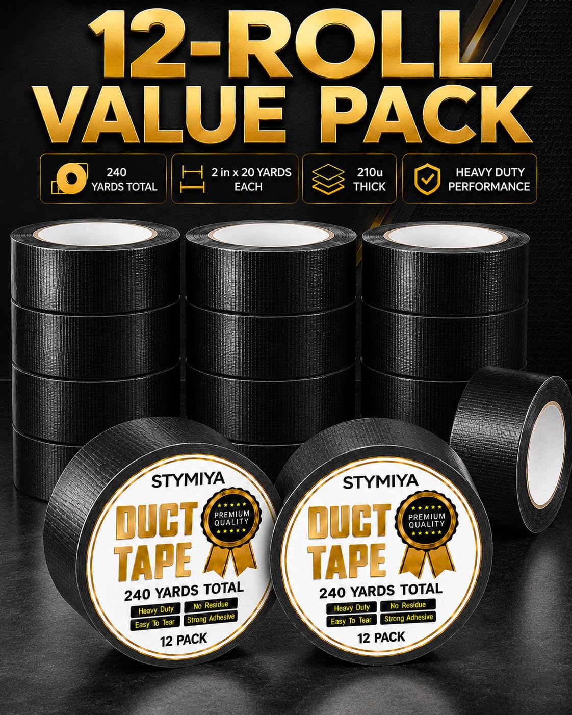 Black Duct Tape Heavy Duty: 3 Rolls 2inch x 20yd Wide Waterproof Outdoor - Strong Adhesive Weather Tapes Repair Bulk - Ductape for Patterns Masking Packing Furniture Kids Craft (3, Matte Black)