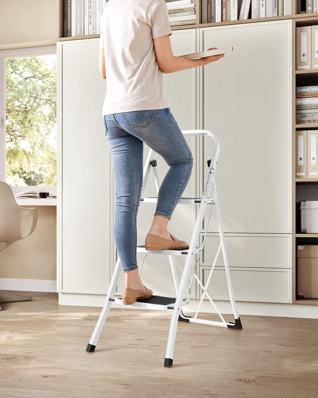 SONGMICS 3-Step Ladder, Folding Step Ladder, Safety, Holds up to 150KG
