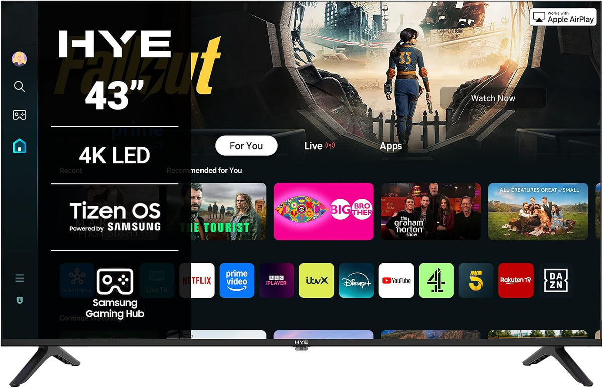 HYE 43" LED Smart TV - 4K Ultra HD, Samsung Tizen OS & Gaming Hub, Black