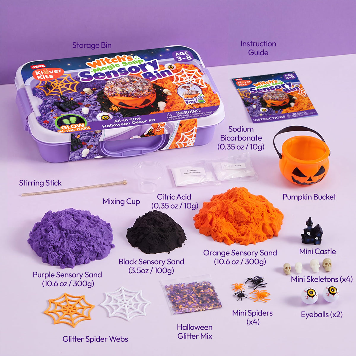 JOVA Klever Kits Construction Sensory Bin for Kids with Glow in The Dark Stones, Sandbox with Lid Castle Building kit, Preschool Learning Activities Gifts for Boys Girls Age 3+