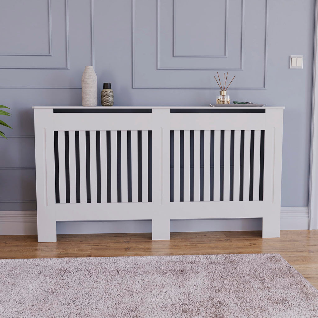 Vida Designs Chelsea Radiator Cover White - Medium - Modern Vertical Slat Design For Optimal Heat Circulation - H82xW111xD19cm - Painted MDF Cabinet Ideal For Living Room & Hallway