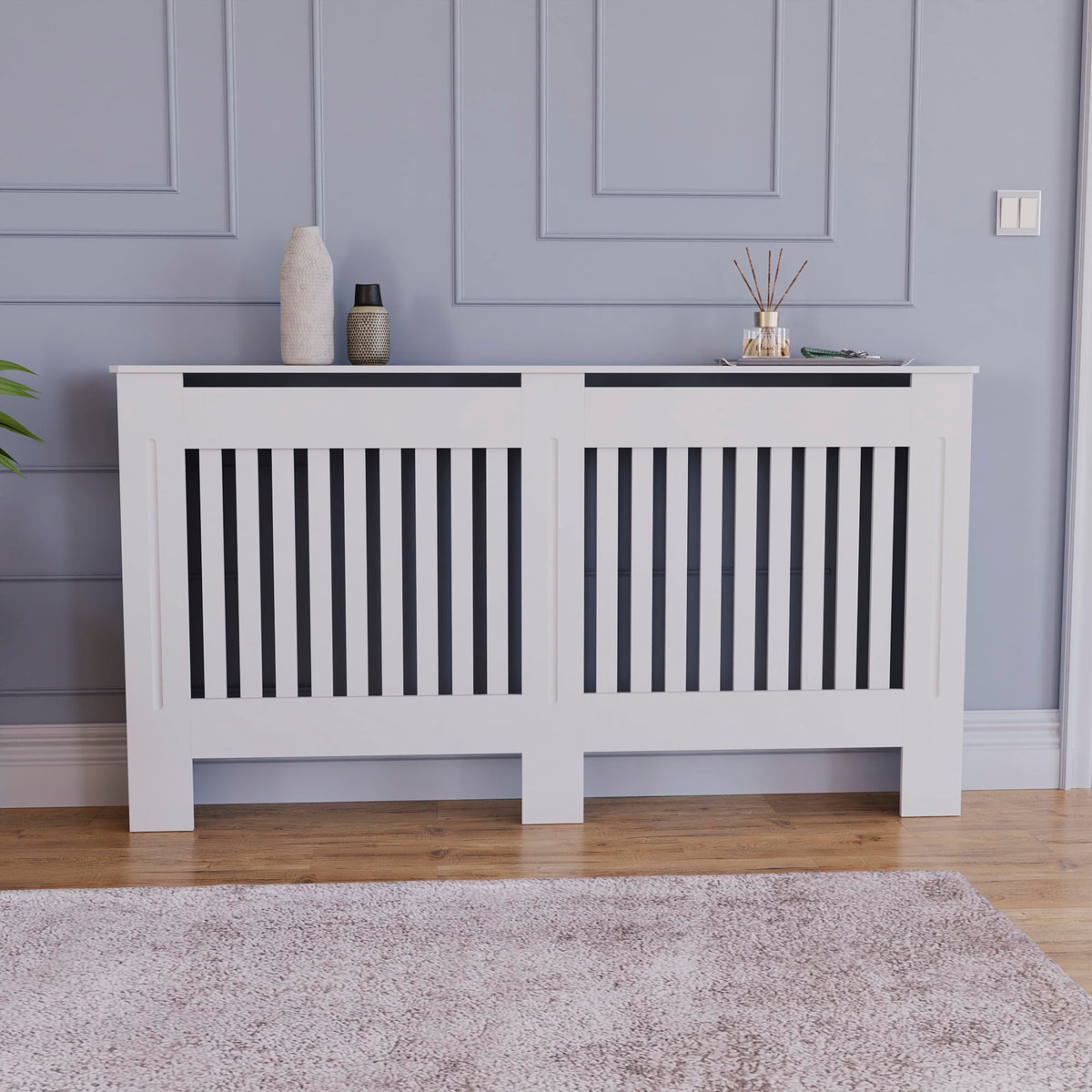 Vida Designs Chelsea Radiator Cover White - Medium - Modern Vertical Slat Design For Optimal Heat Circulation - H82xW111xD19cm - Painted MDF Cabinet Ideal For Living Room & Hallway