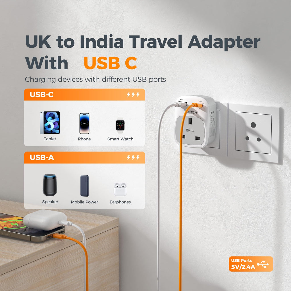 TESSAN UK to South Africa Plug Adapter, Type M Travel Adapter with USB C