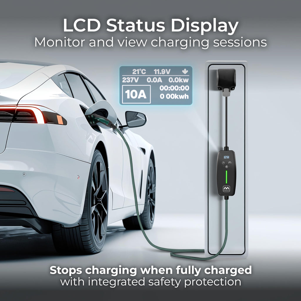 Masterplug EV Charging Cable for Electric and Hybrid Vehicles, 10 Metres, Mode 2, Delay Charging Function, 3 Pin UK Plug to Type 2 Car Charger, Language Options, 2.4kW, EVCM221010-MP2