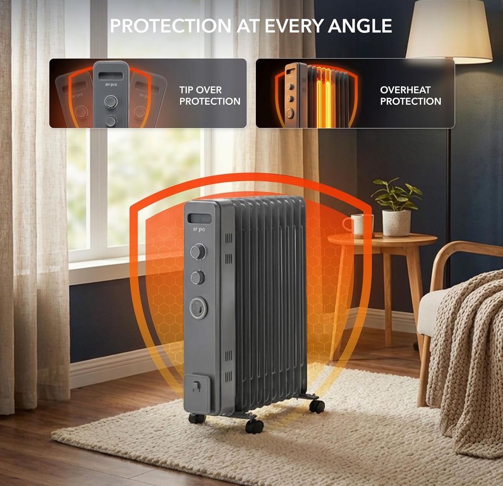 Air Pro Oil Filled Radiator 2500W with Thermostat & 24h Timer – 11 Fin Portable Electric Heater 3 Heat Settings, Overheat & Tip-Over Protection, Quiet for Home, Office and Any Room Radiator on Wheels