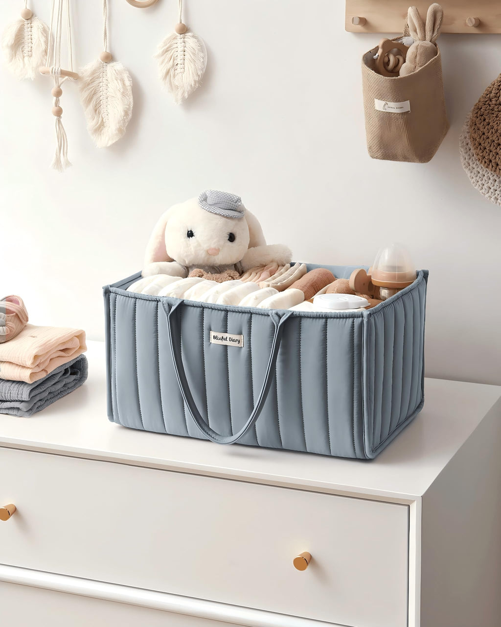 Blissful Diary Nappy Caddy Organiser, Baby Diaper Caddy for Nappy Station, Stylish Storage Basket for Newborn Essentials, Baby Shower Gifts for Girl or Boy, Sage Green