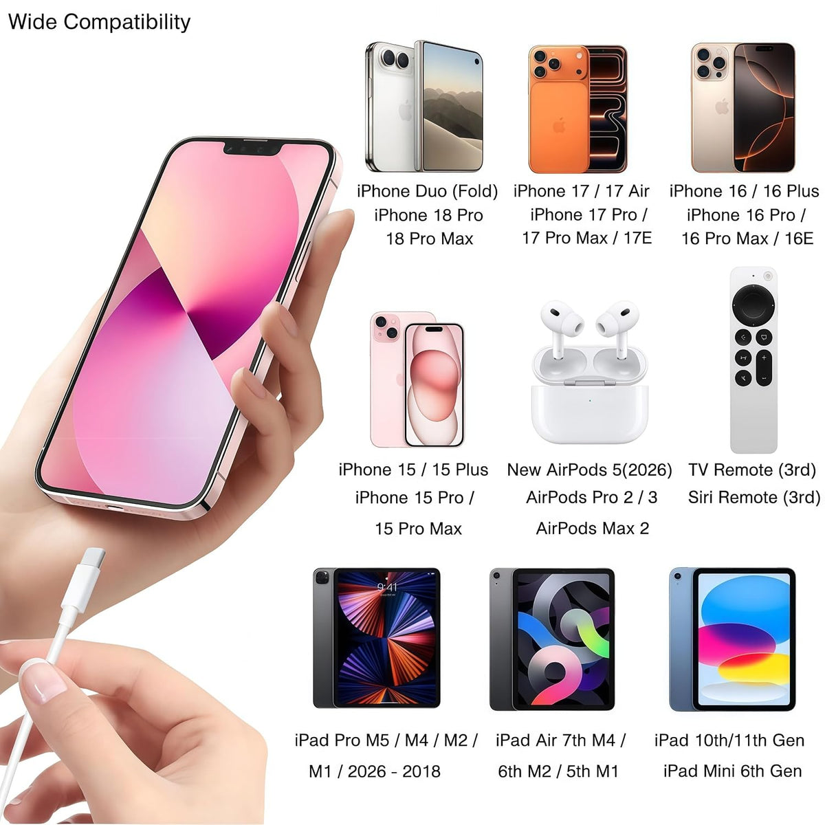 IPhone 18/17/16 Carplay Cable, (2Pack) USB A to USB C Charging Cable for iPhone 18/17/16/15 Pro Max,16E,17E/Duo/Fold/Air,Plus,AirPods Pro 2nd/3rd,AirPods 5/4,iPad 10th/11th Gen Type-C Car Charger Lead