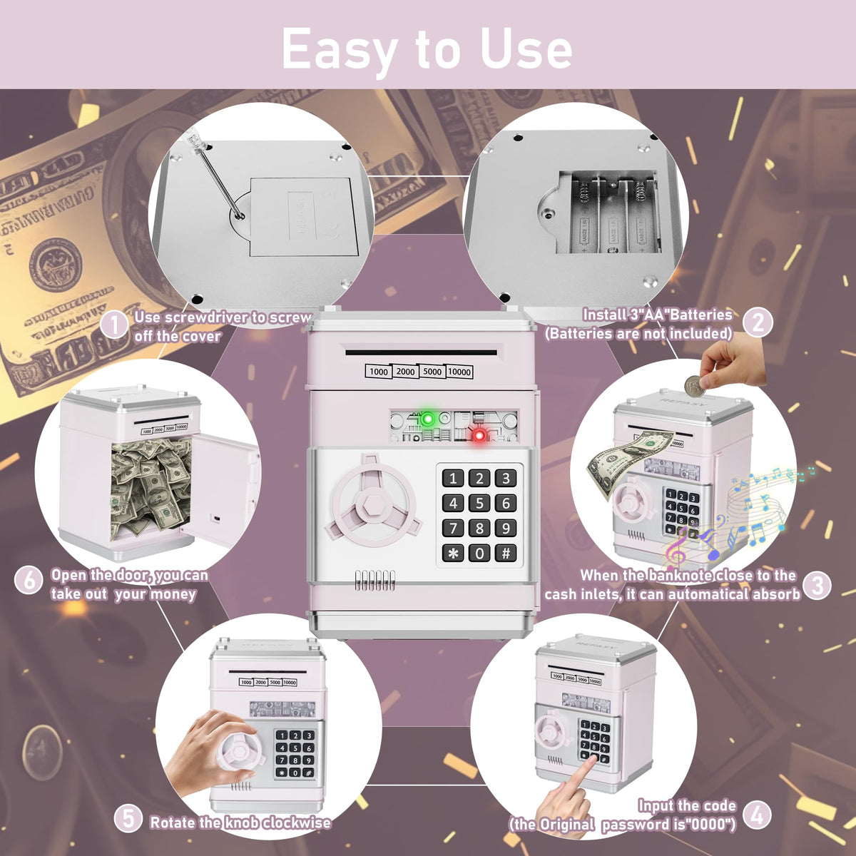 Refasy Piggy Bank Cash Coin Can ATM Bank Electronic Coin Money Bank for Kids Age 3-12, Money Savings Box Mini ATM Coin Bank Toys Gifts for 3 4 5 6 7 8 9 10 11 12 Year Old Boys Girls