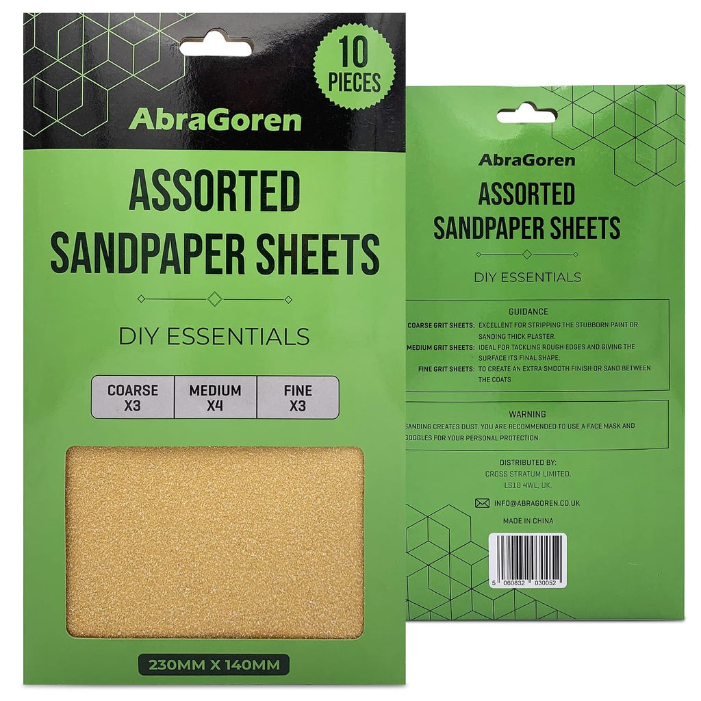 Pack of 10 Sand Paper Sheets - Mixed Grits, 3x Fine, 4x Medium, 3x Coarse - Assorted Sandpaper for Wood and Walls (Premium)