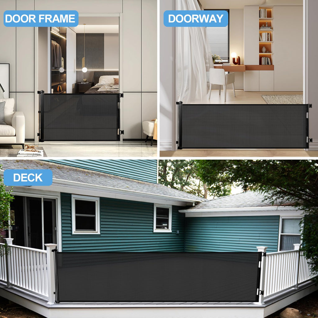 Retractable Mesh Baby & Dog Gate for Stairs, 86cm Tall x 140cm Wide, Black
