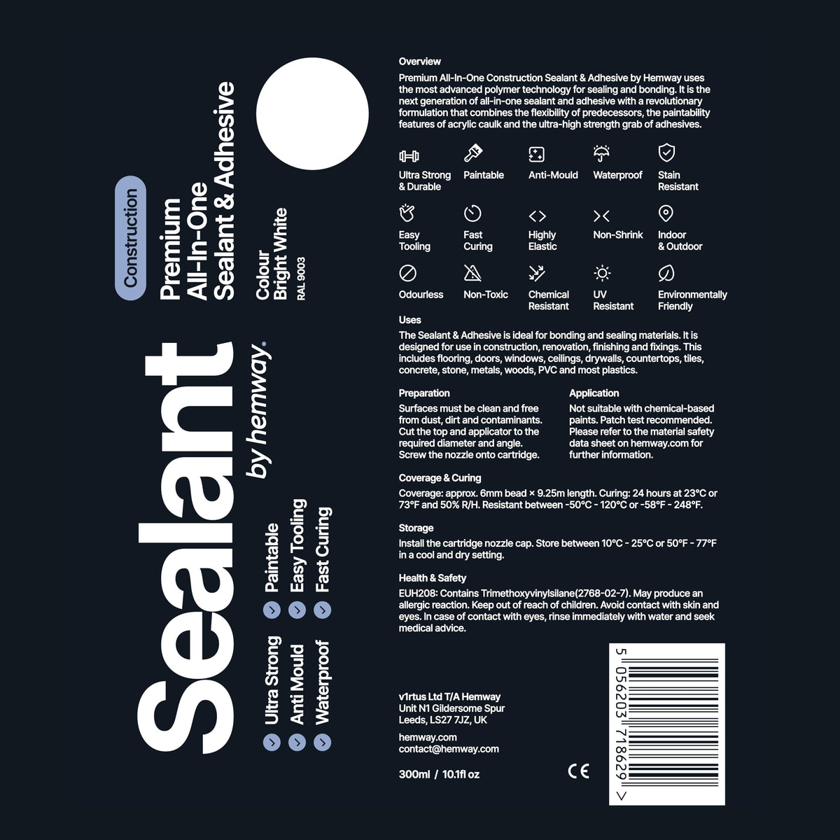 Hemway Kitchen & Bathroom Jet Black Sealant & Adhesive 300ml 1 Pack