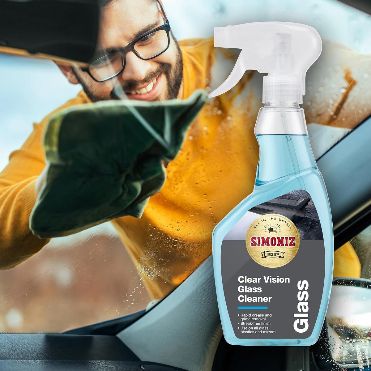 Simoniz Clear Vision Car Glass Cleaner Spray, Streak-Free Windscreen and Window Cleaning Solution, Rapid Action Formula for Improved Visibility, 500ml