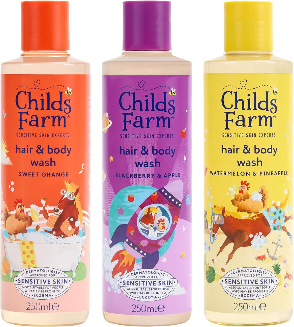 Childs Farm Hair & Body Wash Bundle | Sweet Orange (250ml), Blackberry & Apple (250ml) and Watermelon & Pineapple (250ml) | Suitable for Newborns, Kids & Adults with Sensitive, Dry & Eczema-Prone Skin