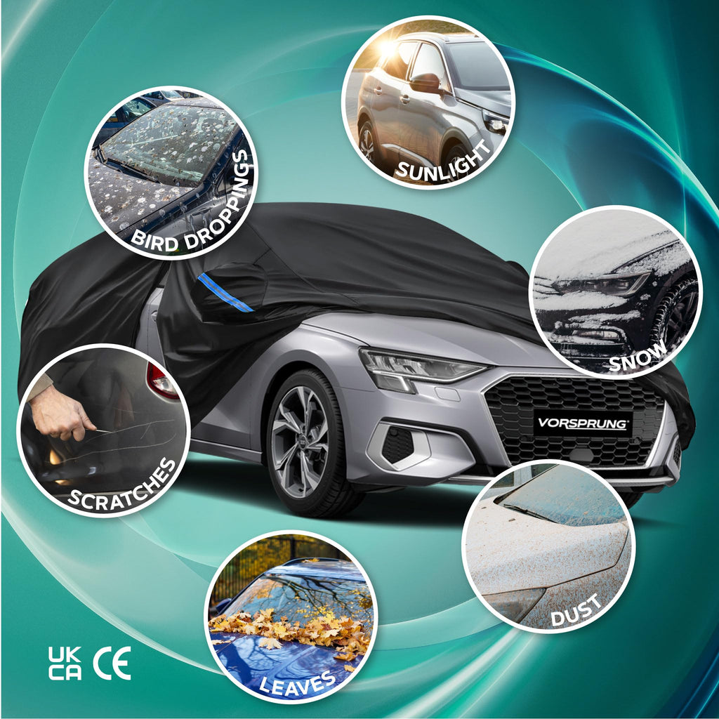 VORSPRUNG® Universal Car Cover(4 Sizes)| Driver Side Zip | Waterproof All Weather| Snow/Sun/Wind Proof |UV Protection Outdoor | Full Fitted |Length 487-530cm | Large Saloons, Executive & Estate Cars