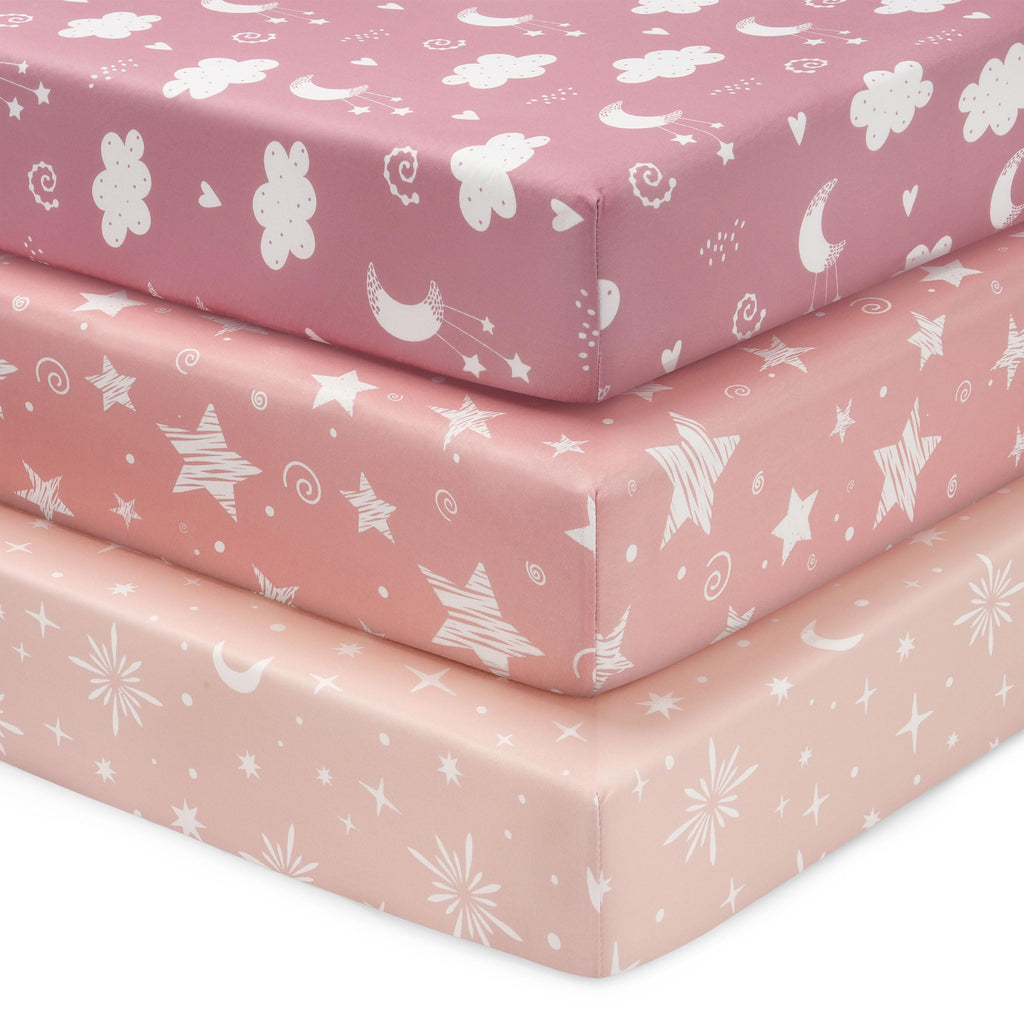 Next to Me Crib Sheets 85x51cm Fitted, 3 Pack Baby Cot Sheets, Ultral Soft & Silky Smooth Microfiber Bedside Crib Fitted Sheets Pink Rainbow