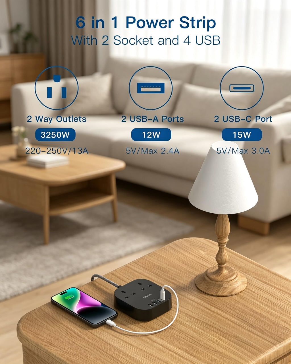 Extension Lead, Power Strips with 2 Way Outlets 4(4.5A, 2 Type C & 2 USB-A)