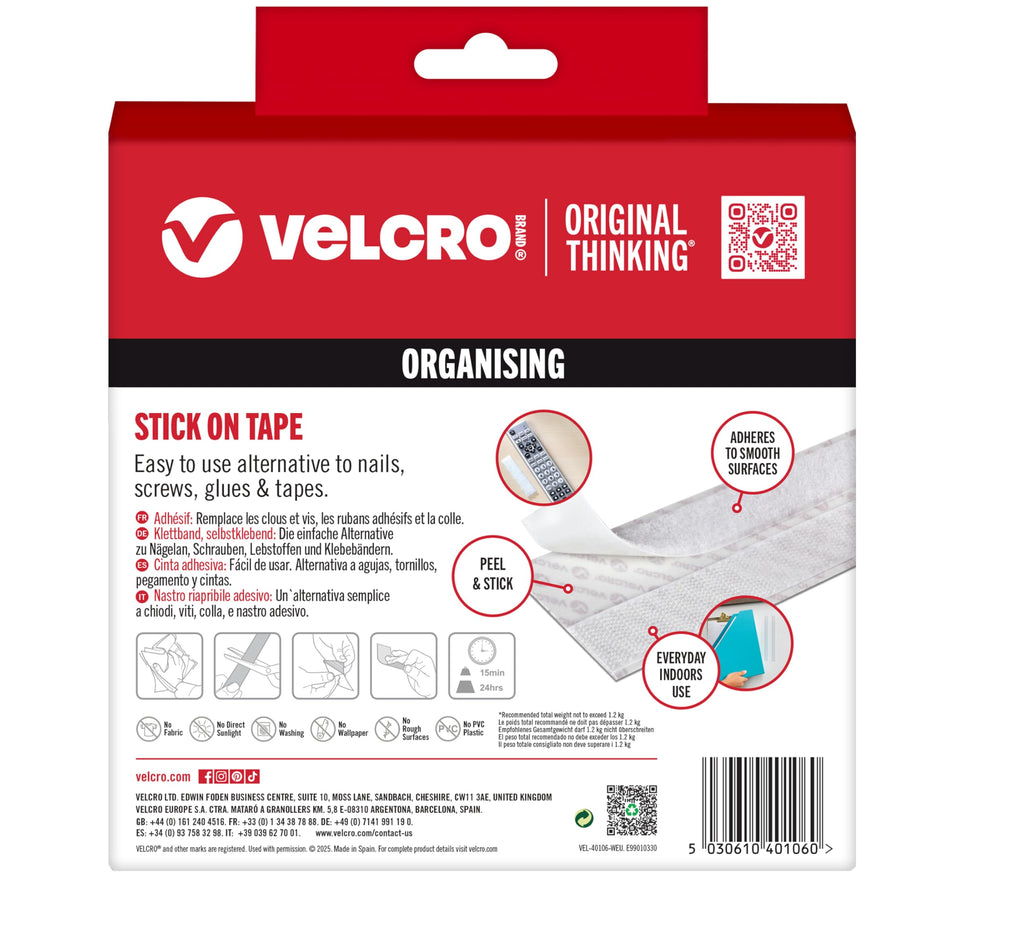 VELCRO Brand Stick On Tape Cut-to-Length Strong Hook & Loop Self Adhesive Sticky Tape Perfect for Room Décor & Home, Office, Garage Use White 20mm x 5m