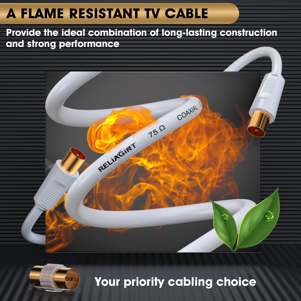 TV Aerial Cable 0.5m, 75 Ohm Coaxial Lead, IEC 9.5mm Male to Male 3C2V Pure Copper Dual Shielded, Right-Angle Connector, Female to Female Adaptor Included, Black