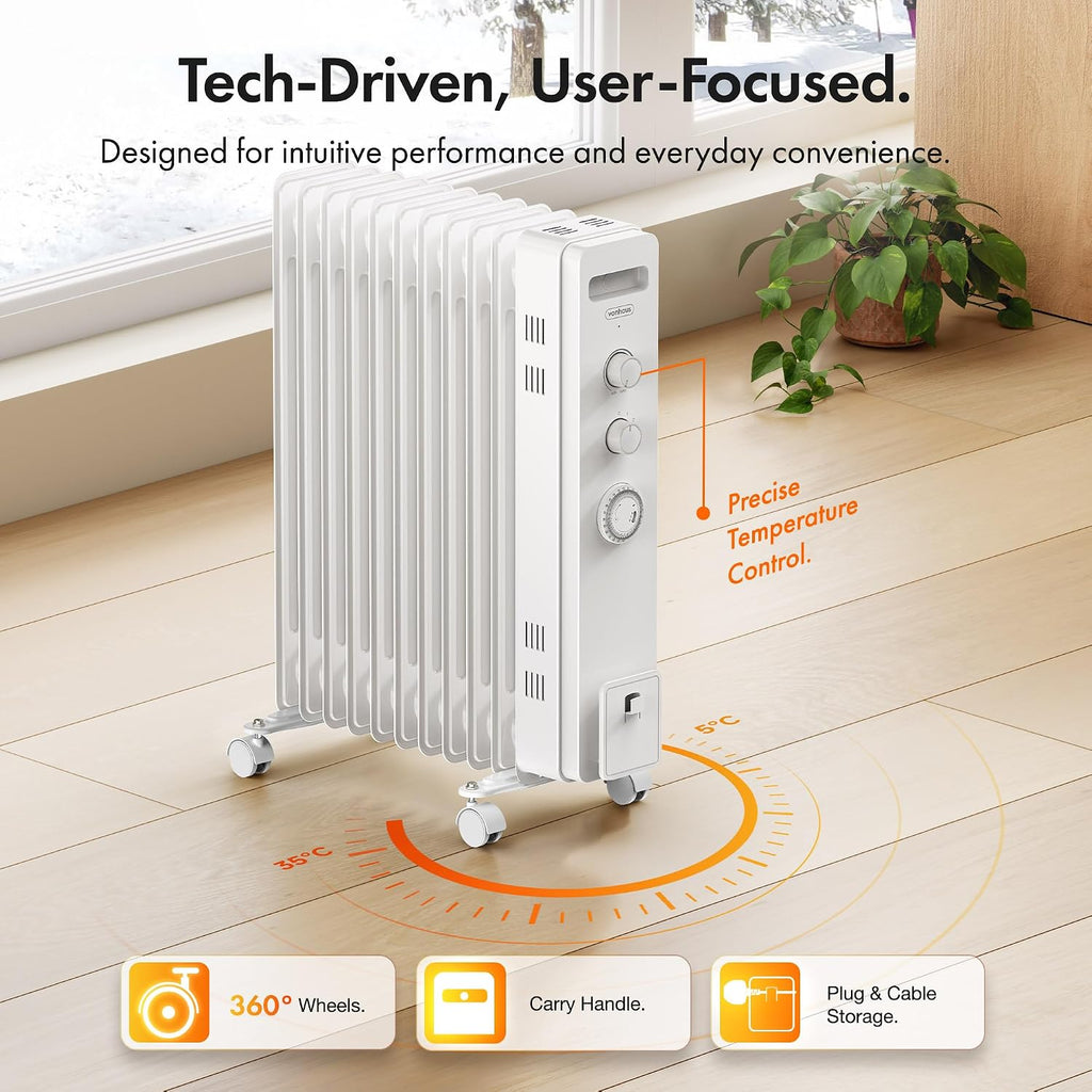 VonHaus Oil Filled Radiator 11 Fins – 2500W, 3 Heat Settings, 24 Hour Timer
