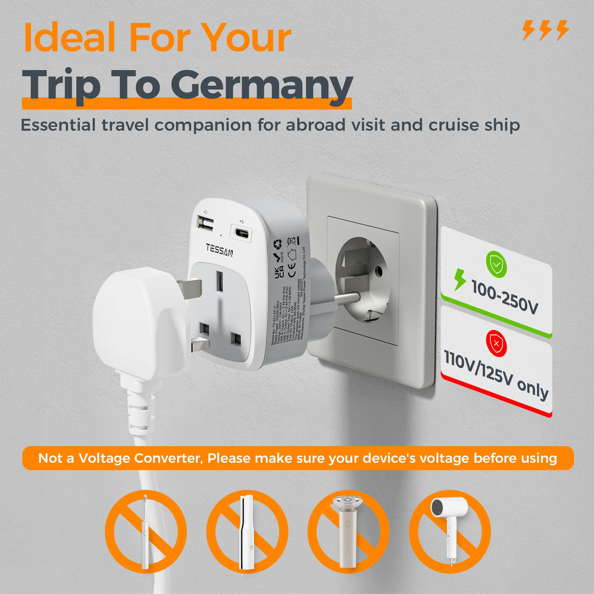 TESSAN UK to South Africa Plug Adapter, Type M Travel Adapter with USB C