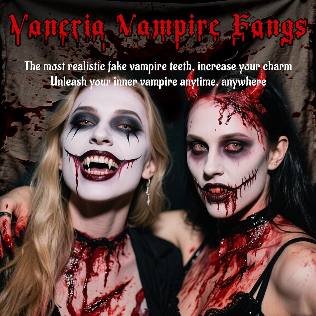 VANERIA 4 Pairs Vampire Fangs,4 Size Fangs For Cosplay Halloween with Tube Solid Adhesive,Vampire Coffin Gift Box Design,Vegan/Cruelty Free