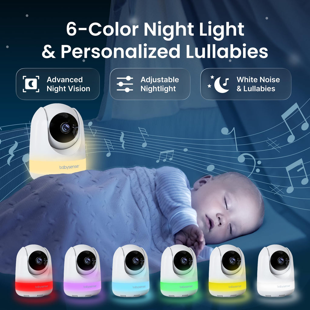 Babysense Prisma Baby Monitor with Camera and Night Vision, 5” HD Video Baby Monitor, 6-Color Night Light, Split Screen, Baby Sound Machine with White Noise & Lullabies, Secure No WiFi