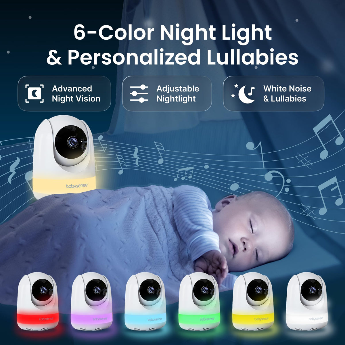 Babysense Prisma Baby Monitor with Camera and Night Vision, 5” HD Video Baby Monitor, 6-Color Night Light, Split Screen, Baby Sound Machine with White Noise & Lullabies, Secure No WiFi