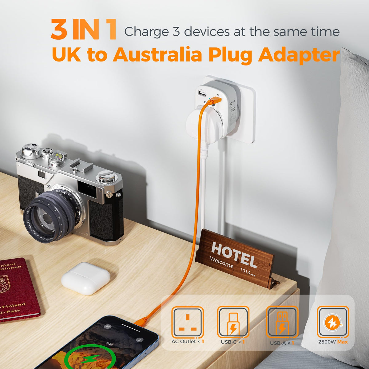 TESSAN UK to South Africa Plug Adapter, Type M Travel Adapter with USB C