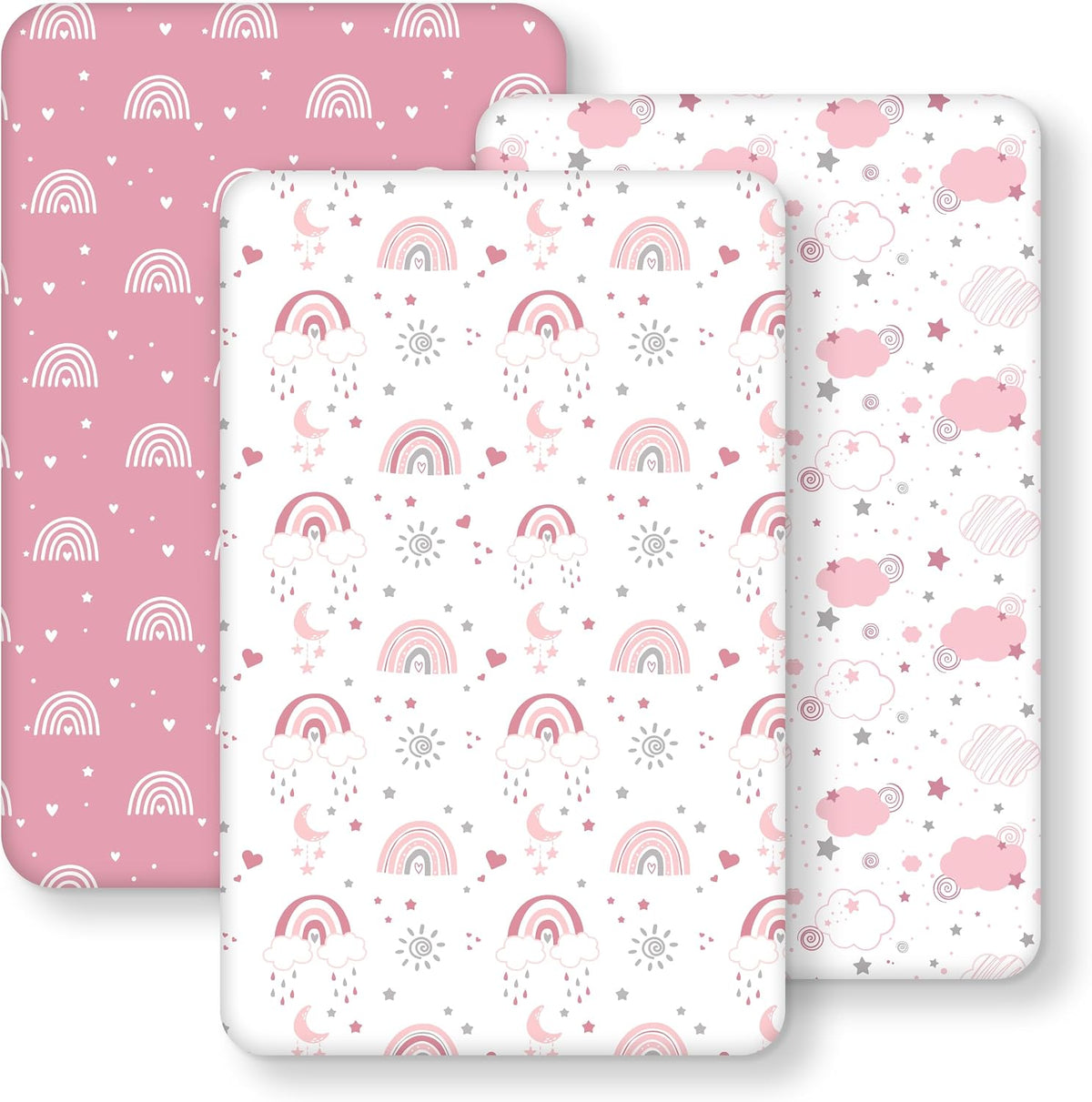Next to Me Crib Sheets 85x51cm Fitted, 3 Pack Baby Cot Sheets, Ultral Soft & Silky Smooth Microfiber Bedside Crib Fitted Sheets Pink Rainbow