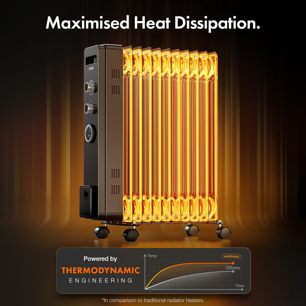 VonHaus Oil Filled Radiator 11 Fins – 2500W, 3 Heat Settings, 24 Hour Timer