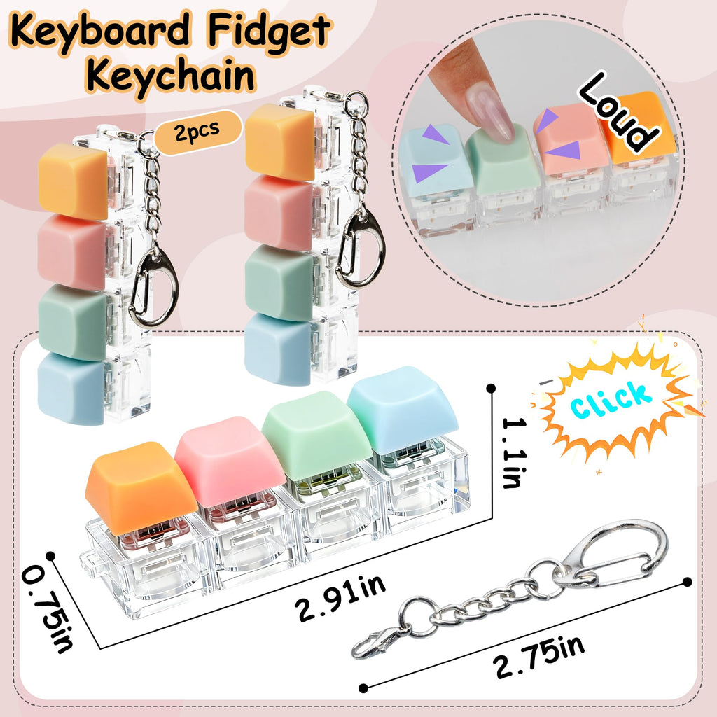 2 PCS Keyboard Fidget Toy, Keyboard Fidget Keychain 4-in-1 Keyboard Decompression Button Finger Clicker Toys (Pink Yellow White Green, General)