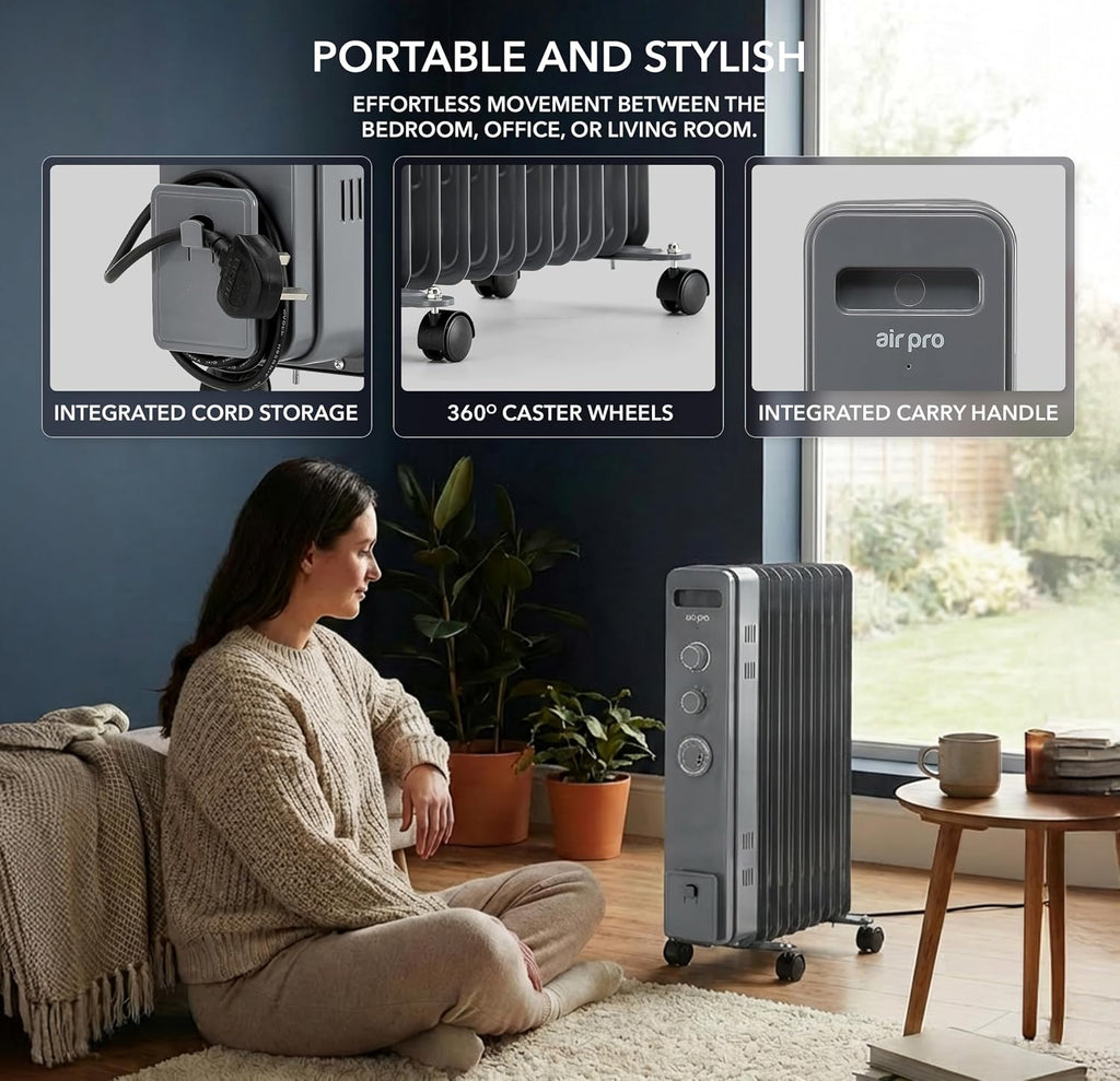 Air Pro Oil Filled Radiator 2500W with Thermostat & 24h Timer – 11 Fin Portable Electric Heater 3 Heat Settings, Overheat & Tip-Over Protection, Quiet for Home, Office and Any Room Radiator on Wheels