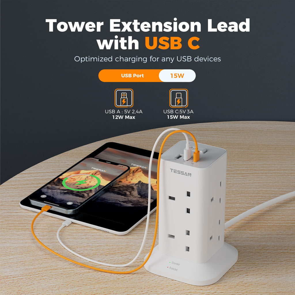 TESSAN Tower Extension Lead 5M with USB C Slots