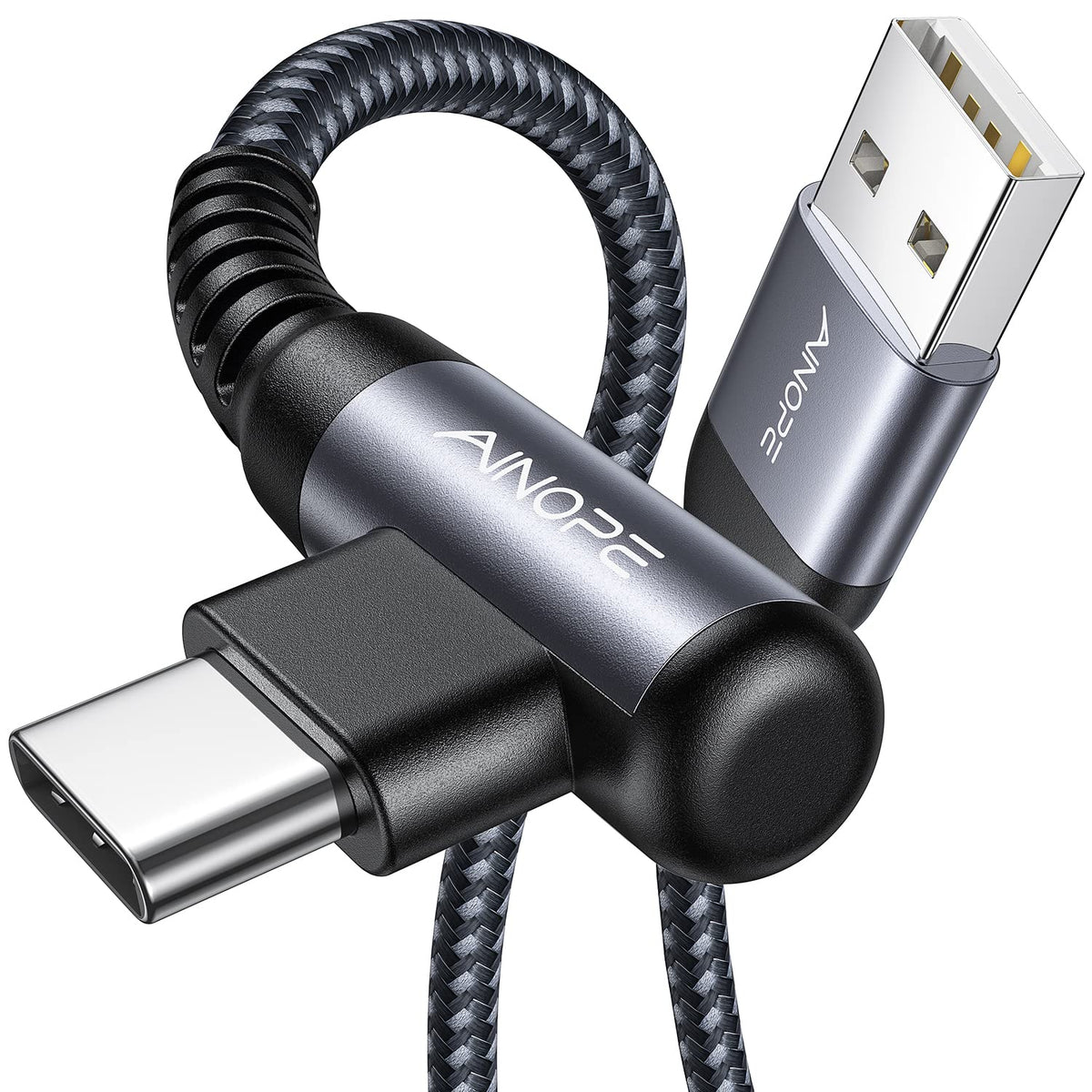 AINOPE 2-Pack 0.5ft USB C Cable, 3.1A Fast Charging, Right Angle, Durable Nylon Braided, Compatible with Galaxy S22 S21 Plus S20, Note 10 9 LG, Type C Charger