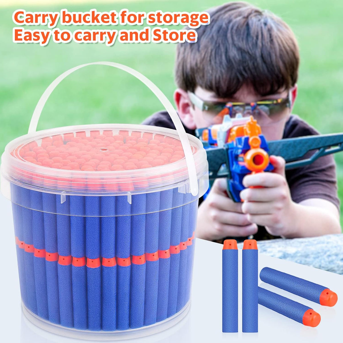 Pokiiulk Refill Darts Bullets Compatible with Nerf Guns N-Strike Elite Series, 300PCS Refill Darts Premium Foam Bullets Pack with Portable Storage Bucket