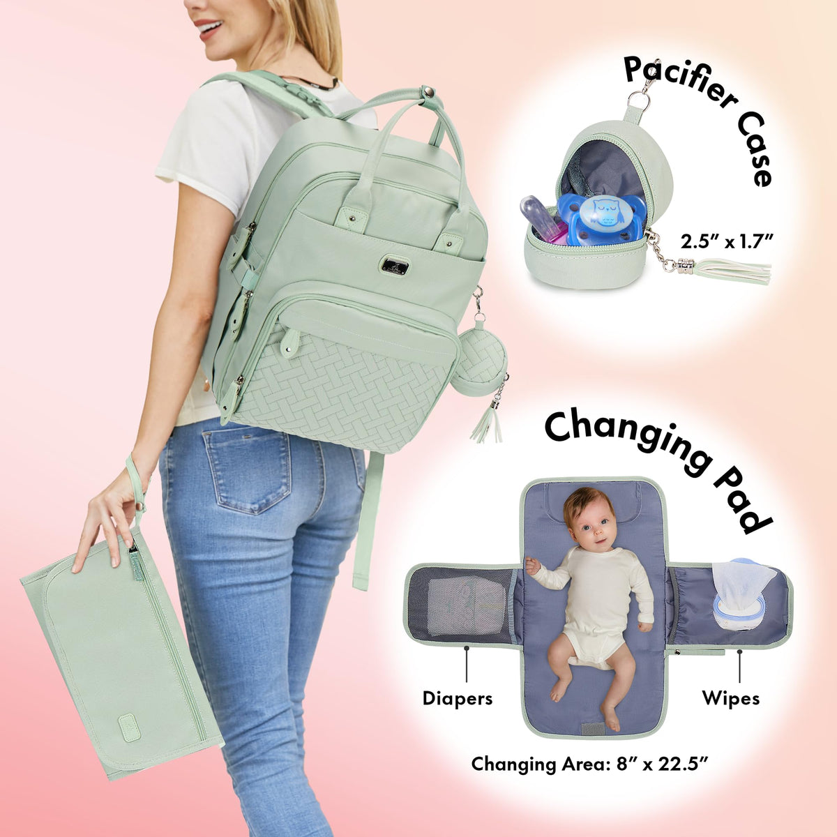 Dikaslon Baby Changing Bag Backpack, Large Nappy Back Pack Multifunction Baby Bags with Portable Changing Mat, Pacifier Holder, and Stroller Straps, for Mom and Dad
