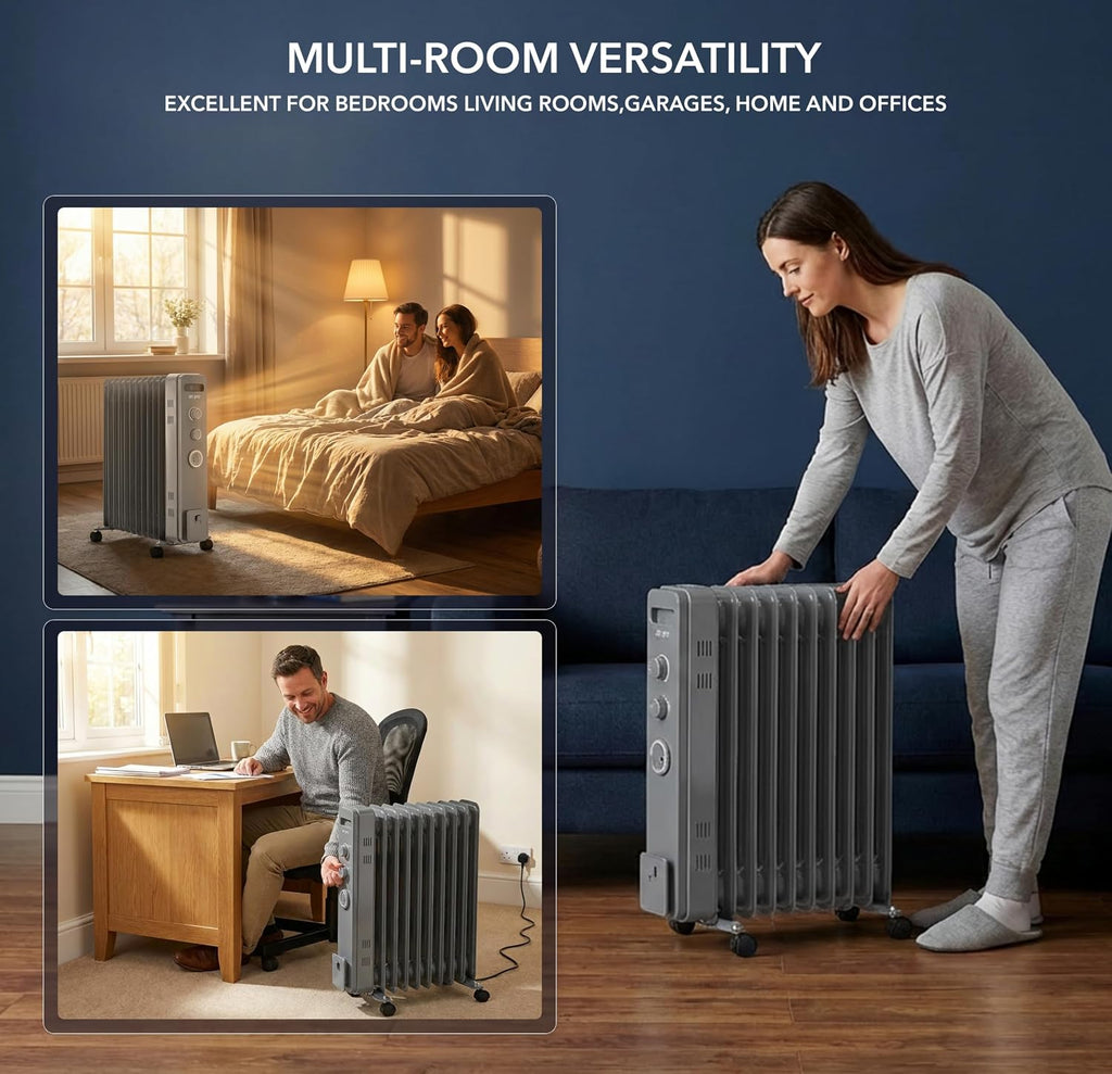 Air Pro Oil Filled Radiator 2500W with Thermostat & 24h Timer – 11 Fin Portable Electric Heater 3 Heat Settings, Overheat & Tip-Over Protection, Quiet for Home, Office and Any Room Radiator on Wheels