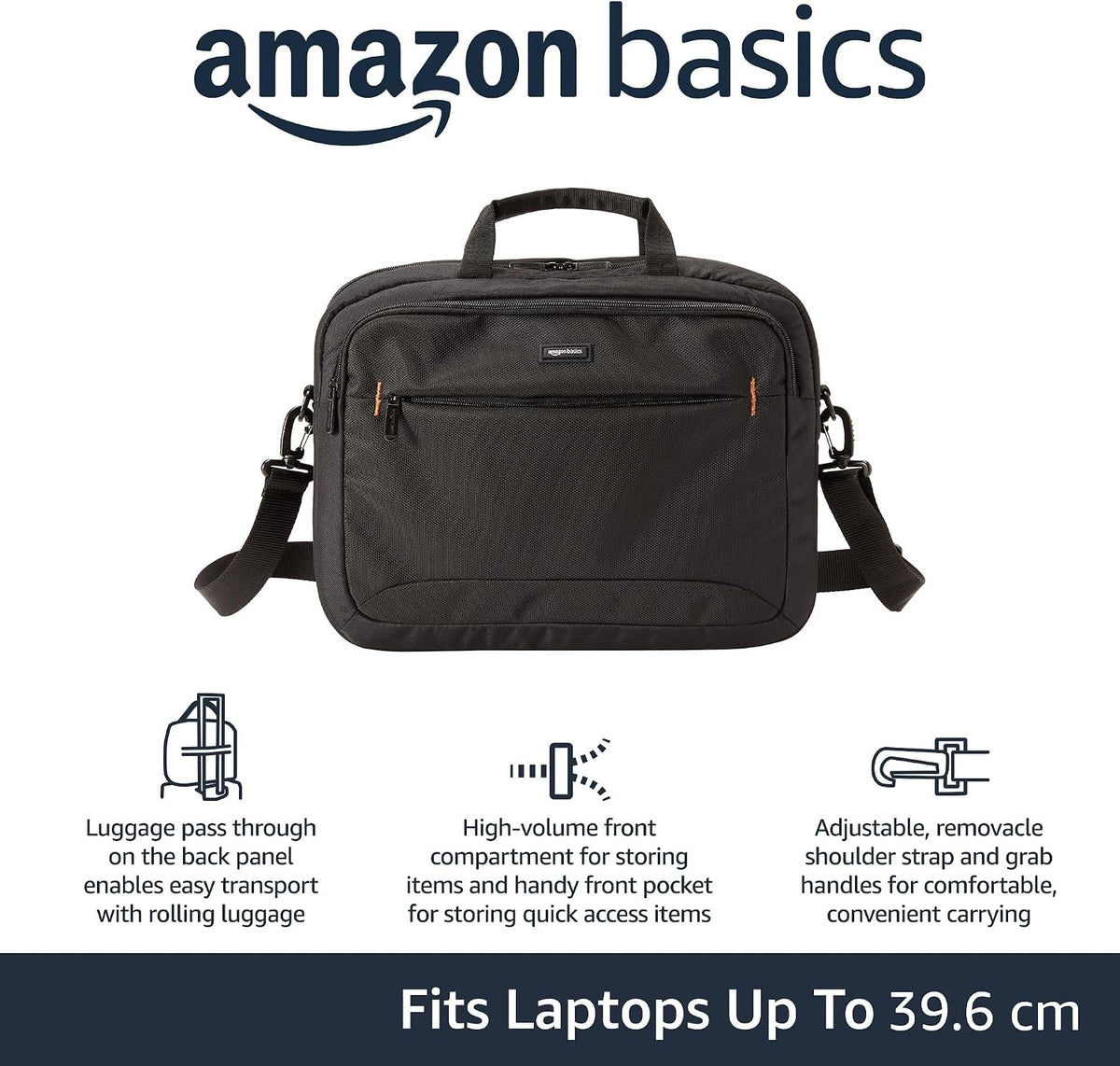 Amazon Basics Laptop Shoulder Bag, Slim 15.6 inch, Black, 1-Pack